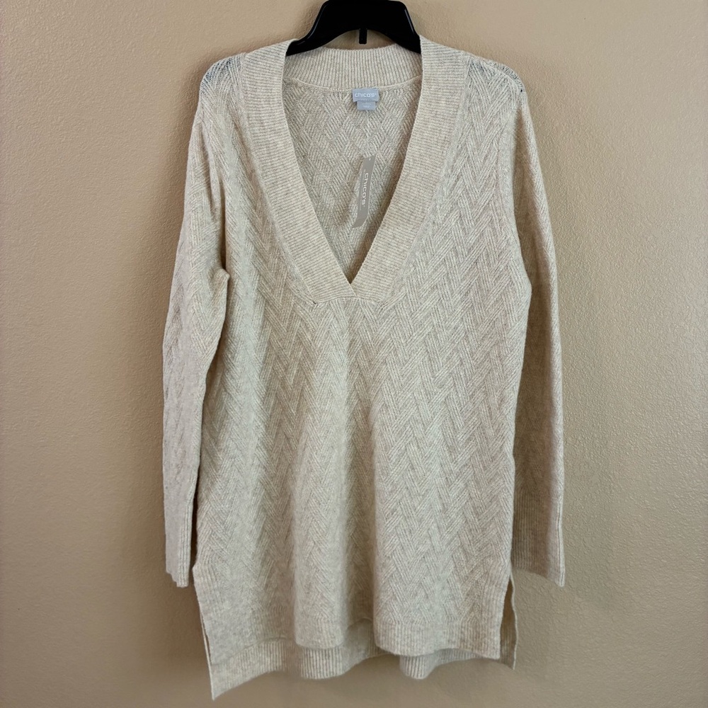 Chicos New Size 1 US M Wool Blend‎ Herringbone Knit Tunic Sweater Oatmeal Cream